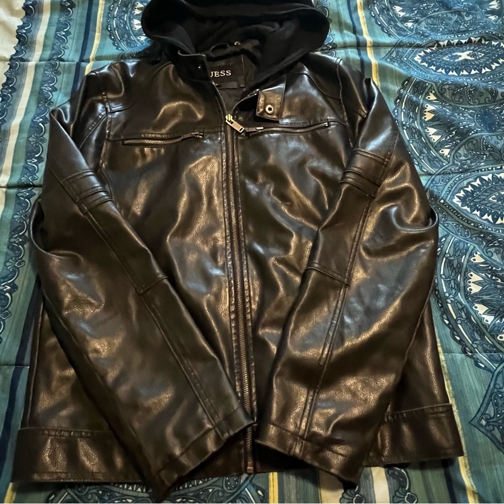 Guess Men's Black Hooded Leather Jacket